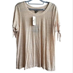 NEW Tommy Bahama Belo Stripe Linen Tan & White Short Sleeve Tee Shirt Size M